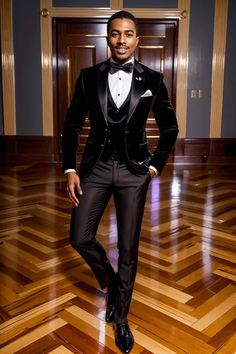 in a ballroom, hardwood parquet floor, elegant, SeanXavier, wearing (formal black tie attire), dapper, socks, smiling, masterpiece, (((full body portrait))), full body shot, wide angle <lora:SeanXavier-000005:0.8>