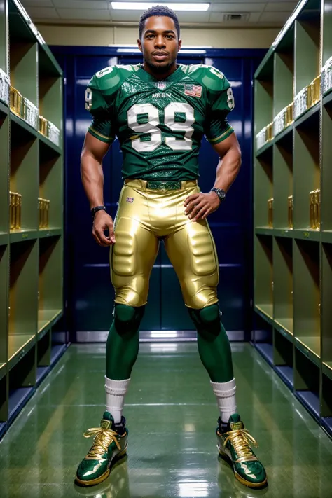 in an American football locker room, standing in front of lockers, SeanXavier, American football player wearing American football uniform, American football shoulder pads, ((green jersey)), jersey number 89, (pale gold football pants and pads), green socks, black sneakers, smiling, masterpiece, (((full body portrait))), full body shot, wide angle <lora:SeanXavier-000005:0.8>
