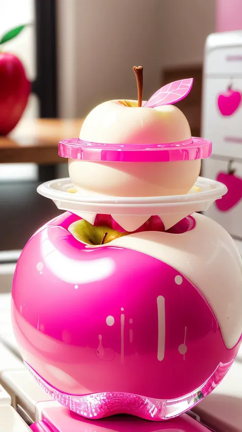 <lora:BarbieCore:0.8> BarbieCore apple, (shiny plastic:0.8), (pink and white:0.9), (pastel:0.85)