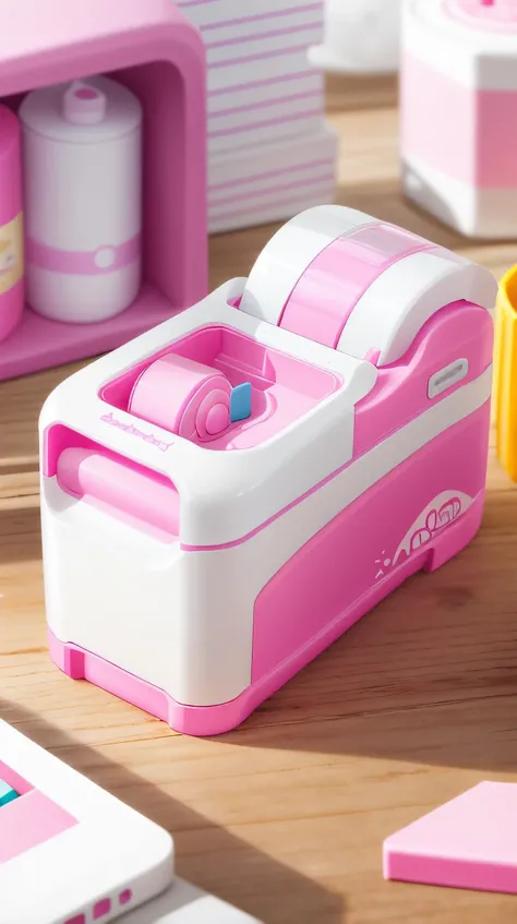 <lora:BarbieCore:0.8> BarbieCore Mini tape dispenser, (shiny plastic:0.8), (pink and white:0.9), (pastel:0.85)