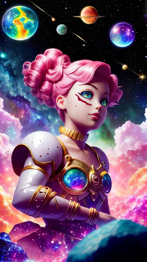Pink colored <lora:BarbieCore:0.8> BarbieCore Style-GravityMagic, solo, upper body, looking at viewer, detailed background, detailed face, (<lora:StonepunkAI:0.8>, stonepunkAI, stone theme:1.1) (glowing eyes:1.05), living star constellation, zodiac, horoscope, taurus, patterns, astral , nebula, bright lights, glow, aura, bloom, transcendence, floating particles, stardust, backlighting, cosmic space background, dreamlike ethereal atmosphere,, (shiny plastic:0.8), (pink plastic:0.9), Masterpiece, RAW photo, perfect lighting conditions