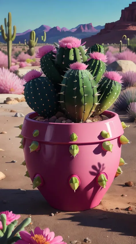 Pink colored <lora:BarbieCore:0.8> BarbieCore thick cacti studded with prickly spines and vibrant blooms in the desert, (shiny plastic:0.8), (pink plastic:0.9),<lora:LowRa:0.6>