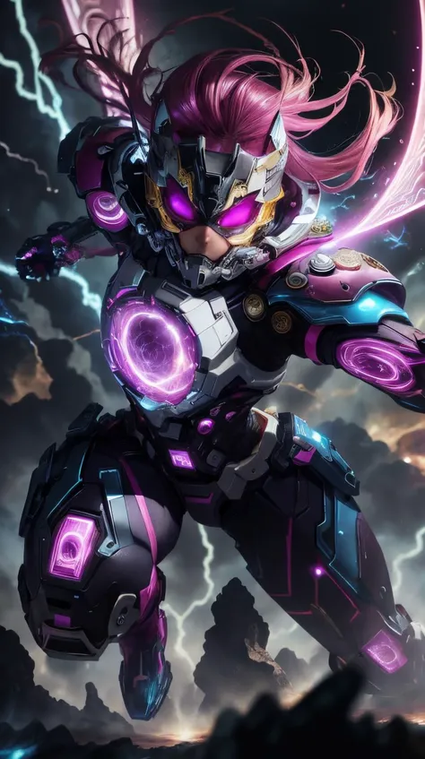 Pink colored <lora:BarbieCore:0.8> BarbieCore Style-GravityMagic, (bloody scars:0.7), looking at viewer, solo, half shot, detailed background, close up, ( <lora:GlyphTech:0.5>, glyphs, hologram, glyphtech theme:1.1), superhero, aggressive expression, fighting stance, flying, hovering in air, sky, dark clouds, lightning, airship, laser beams, battle scene, cinematic atmosphere,, (shiny plastic:0.8), (pink plastic:0.9),<lora:LowRa:0.6>