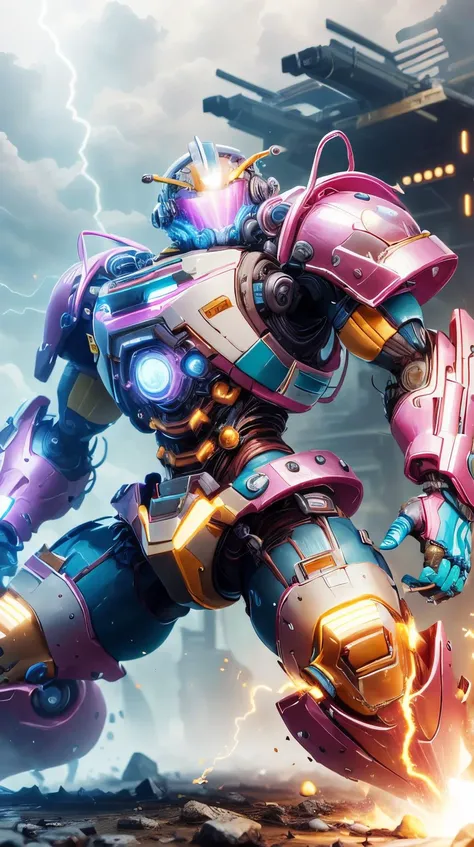 <lora:BarbieCore:0.8> BarbieCore style-rustmagic, solo, half shot, looking down, detailed background, detailed face, (<lora:JoltTech:0.6>, excessive energy, lightning, scifi, jolttech theme:1.1), futuristic assassin, scout, wearing Teal plated armor, energy-veins, battle-scars, helmet, advanced weapon, grenades, emblem, battle-stance, hangar in background, hazy mist, bokeh, intense atmosphere,, (shiny plastic:0.8), (pink and white:0.9), (pastel:0.85)