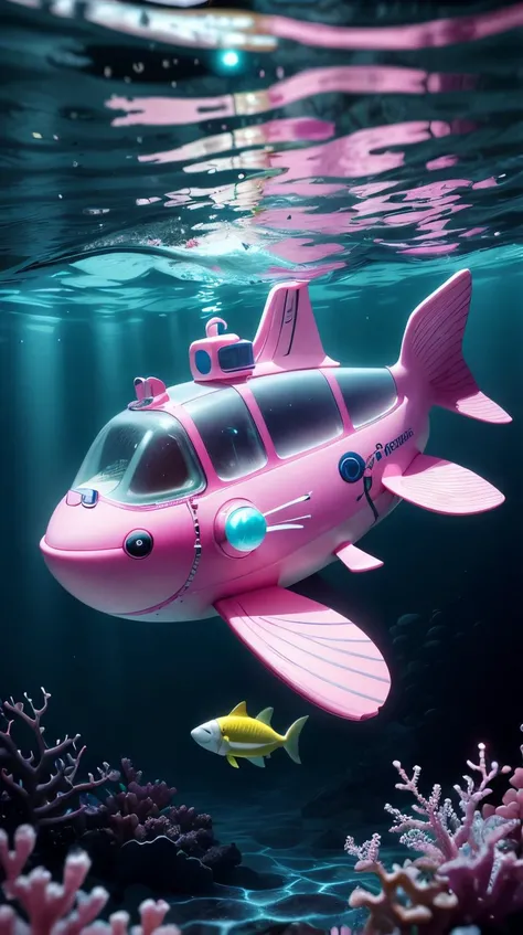 <lora:BarbieCore:0.8> BarbieCore a deep sea diver using lights to discover vibrant marine life in the dark ocean, (shiny plastic:0.8), (pink and white:0.9), (pastel:0.85)