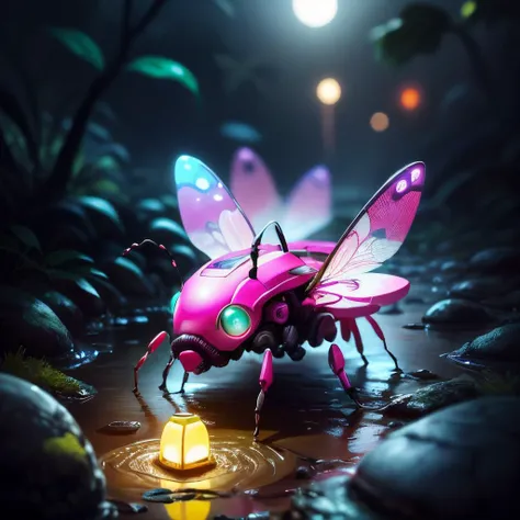 <lora:BarbieCore:1> BarbieCore cybernetic insects skittering over a creek illuminated by neon fungi