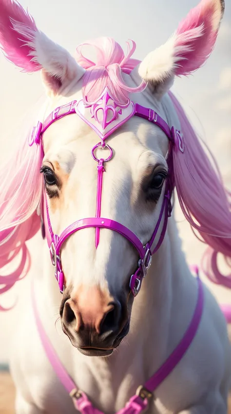 <lora:BarbieCore:0.8> BarbieCore Bridle, (shiny plastic:0.8), (pink and white:0.9), (pastel:0.75)