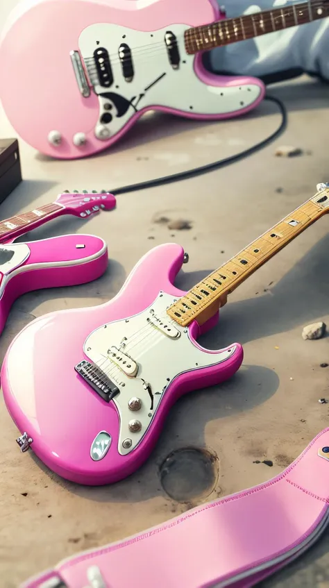 <lora:BarbieCore:0.8> BarbieCore guitar, (shiny plastic:0.8), (pink and white:0.9), (pastel:0.85)