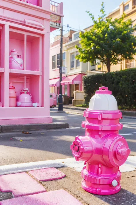 <lora:BarbieCore:0.8> BarbieCore, fire hydrant, on the side of the street, (shiny plastic:0.8), (pink and white:0.9), (pastel:0.85)