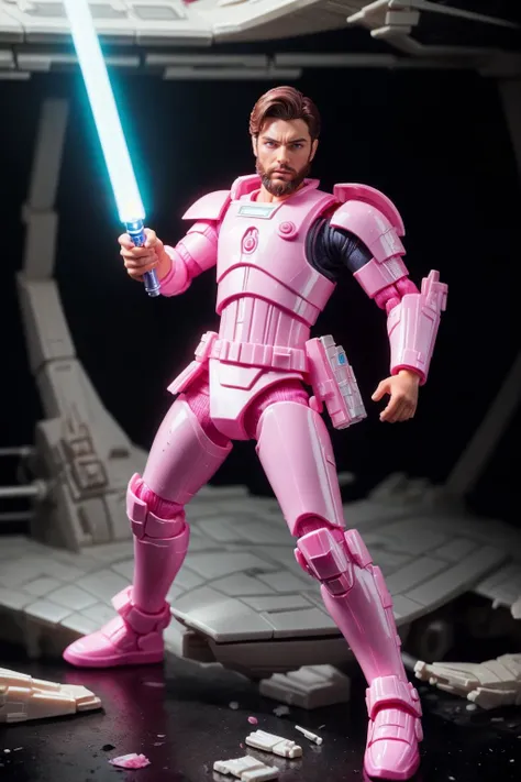 barbiecore, (masterpiece:1.2), best quality, young handsome jedi holds a light saber, full body, looking at viewer, spaceship deck, mean, wounded, beard, action pose, screaming, <lora:BarbieCore:1>