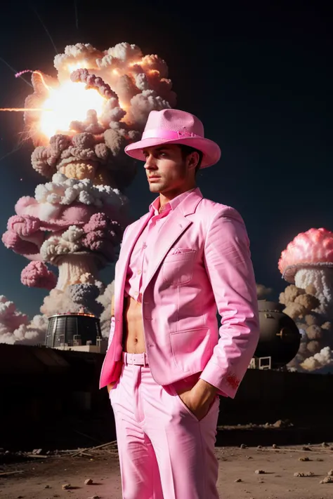 <lora:BarbieCore:1> BarbieCore, 1man,  1940s, ((pink flat  top fedora)), ((pink 1940s business suit)), 1940s pink jacket, (((pink nuclear explosion))),