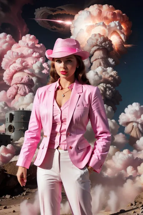<lora:BarbieCore:1> BarbieCore, 1man, 1940s, ((pink flat top fedora)), ((pink 1940s business suit)), 1940s pink jacket, (((pink nuclear explosion))),