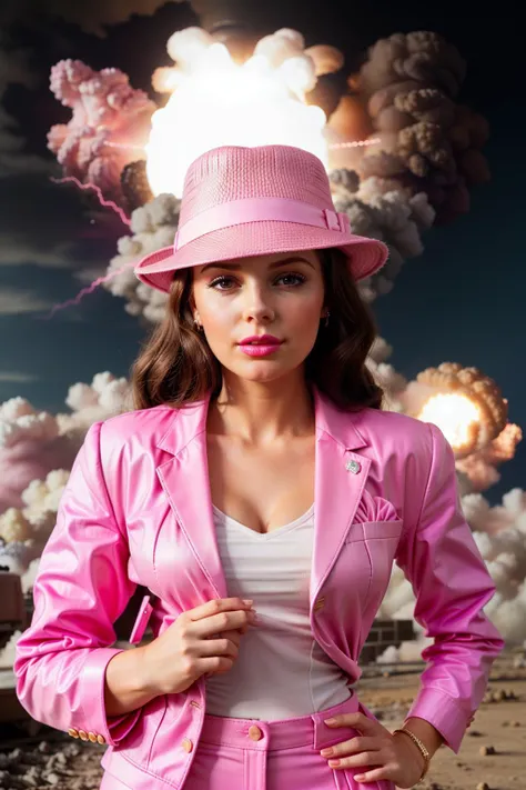 <lora:BarbieCore:1> BarbieCore, 1man, 1940s, ((pink flat top fedora)), ((pink 1940s business suit)), 1940s pink jacket, (((pink nuclear explosion))),