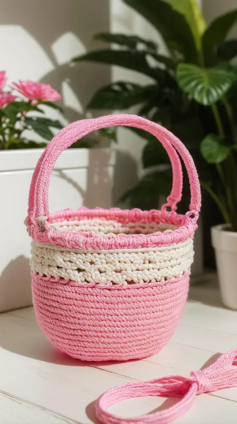 Pink colored <lora:BarbieCore:0.9> BarbieCore handmade macrame plant basket, (shiny plastic:0.8), (pink plastic:0.9), (masterpiece:1.3) RAW photo
