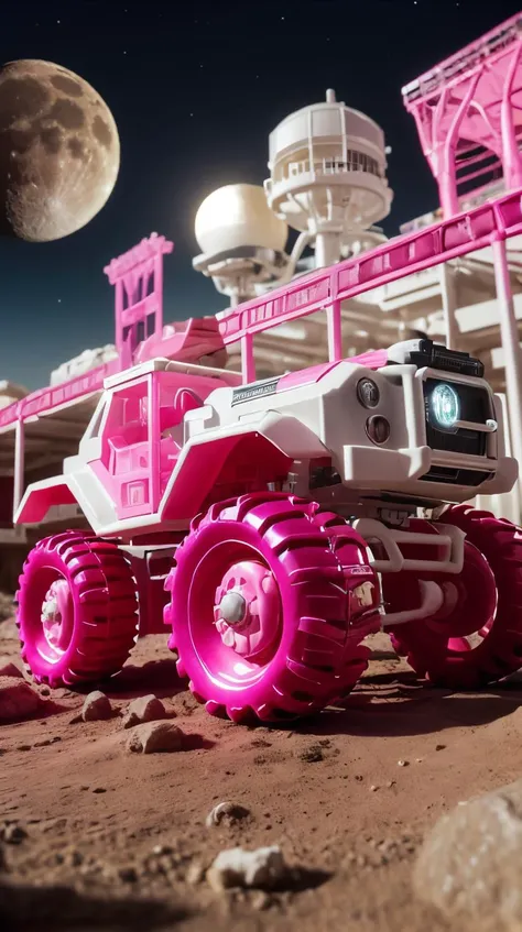 Pink colored <lora:BarbieCore:0.9> BarbieCore a lunar rover patrolling around a moon base, (shiny plastic:0.8), (pink plastic:0.9), (masterpiece:1.3) RAW photo