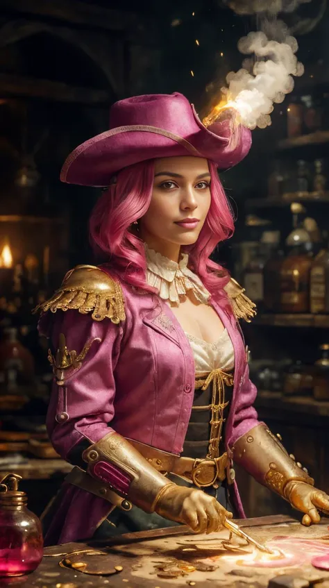 Pink colored <lora:BarbieCore:0.9> BarbieCore portrait, looking at viewer, solo, upper body, detailed background, detailed face, (<lora:MusketPunkAI:0.6>, MusketPunkAI theme :1.1), medieval alchemist,  alchemy laboratory in background, alchemical implements,     potion, magnets, steam, gold], flaming liquid,   glowing magical symbols, alchemy, magical fantasy atmosphere,  shadows,, (shiny plastic:0.8), (pink plastic:0.9), (masterpiece:1.3) RAW photo