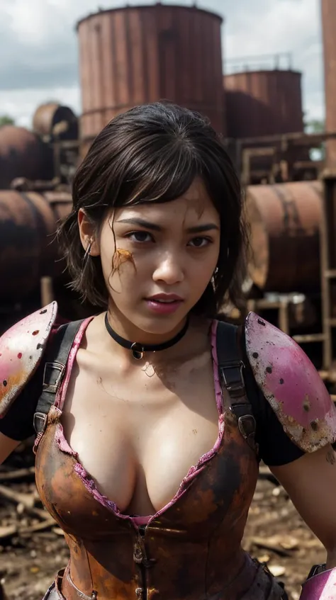 Pink colored <lora:BarbieCore:0.9> BarbieCore (style-rustmagic:1.0) portrait, solo, half shot, looking at viewer, detailed background, detailed face, (<lyco:SteamPunkBundleV3:0.5>, ManyPipesAI theme:1.1), rust-warrior, rusty armor, (rusty:1.05), red rust, corroded, fully rusted, stoic expression, dynamic pose, factory in background, dark lighting, shadows, dark clouds, cinematic atmosphere,, (shiny plastic:0.8), (pink plastic:0.9), (masterpiece:1.3) RAW photo