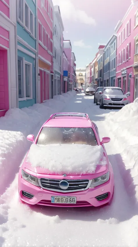 Pink colored <lora:BarbieCore:0.9> BarbieCore snow covered cars lining an urban side street, (shiny plastic:0.8), (pink plastic:0.9), (masterpiece:1.3) RAW photo