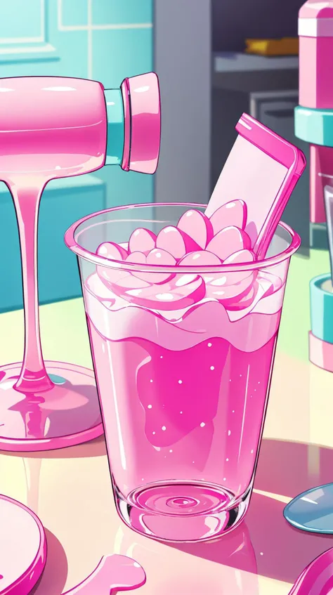 Pink colored <lora:BarbieCore:0.8> BarbieCore decorative cup, (shiny plastic:0.8), (pink plastic:0.9), anime style