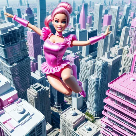 Imagine a Barbie como uma ousada exploradora urbana, Venturing to the top of skyscrapers. Vestindo uma roupa urbana elegante, She enjoys stunning views of the cityscape and the thrill of discovering the heights.
