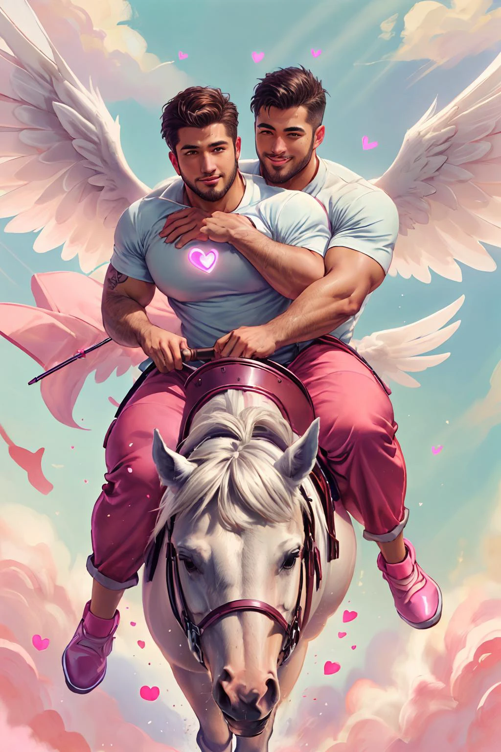 8k,highres,masterpiece,best quality,masterpiece,intricate details,realistic,running towards viewer,short hair,(horse),large round pectorals,(well defined face),
((2 men,2 handsome chubby hunk are riding a white horse in the sky together,hug )),through BarbieCore clouds in the sky,handsome face,dog tag,tattoos,smile,self-confident,background with clouds,BarbieCore wings,flying,BarbieCore shirts,BarbieCore pants,heart,<lora:AsianMaleRG:0.4>,<lora:mnemic-BarbieCore:0.45>,<lora:CupidTech-22:0.6>,cupidtech,scifi,