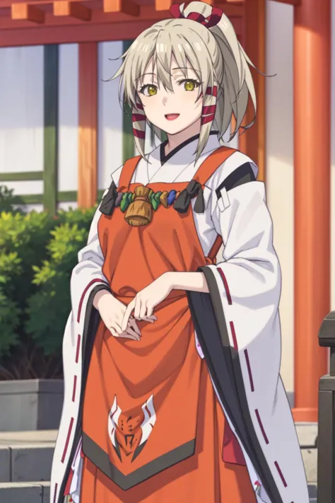 1girl, uka, shrine-outfit, solo, happy, looking at viewer', <lora:inari-000015:1>,, , highres, absurdres,