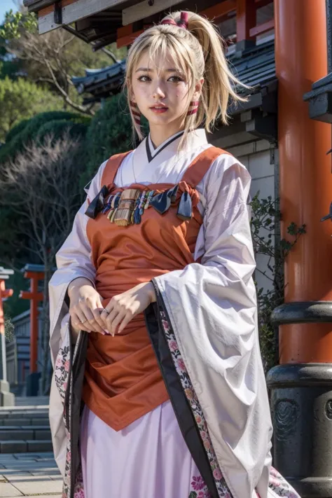(realistic:1.3), finely detailed, quality, rembrandt lighting, (masterpiece:1.2), (photorealistic:1.2), (best quality), (detailed skin:1.3), (intricate details), dramatic, ray tracing, 1girl, japanese girl, 21 years old, detailed skin texture, (blush:0.5), (goosebumps:0.5), subsurface scattering, smiling, medium breasts, uka, shrine-outfit, cowboy shot, (bright sunny day, torii, japanese shrine), <lora:inari:1>