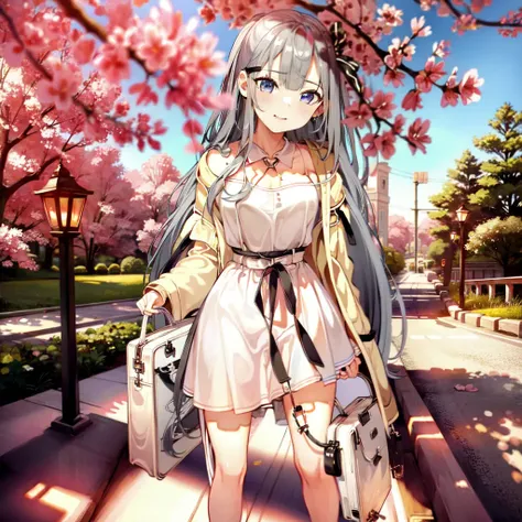 photorealistic, (hyperrealistic:1.2), masterpiece, best quality, 1girl, solo, long hair, grey hair, dress, blush, looking at viewer