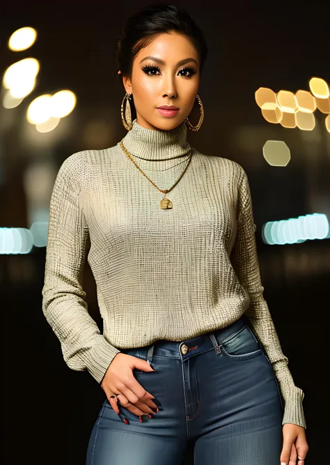 <lora:KtSo:1>
, photo of beautiful (KtSo), a woman as a movie star, hair updo, wearing a (turtleneck sweater:1.1), (long jeans:1.2), movie premiere gala, dark moody ambience (masterpiece:1.2) (photorealistic:1.2) (bokeh) (best quality) (detailed skin:1.2) (intricate details) (nighttime) (8k) (HDR) (cinematic lighting) (sharp focus), (looking at the camera:1.1), (closeup portrait:1.1), (necklace)
