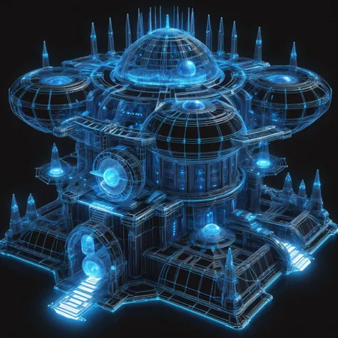 glowing blue on black 3d wireframe, diagram, scifi, a metallic fantasy cliffside megastructure at the end of the multiverse, masterpiece<lora:EnvyBetterHiresFixXL01:0:hr=1><lora:EnvyScifiWireframeXL01:1>