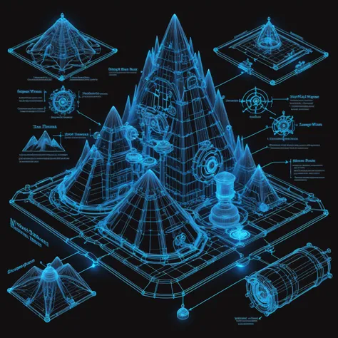 glowing blue on black 3d wireframe, diagram, steampunk, scifi, Mountain<lora:EnvyBetterHiresFixXL01:0:hr=1><lora:EnvyScifiWireframeXL01:1>