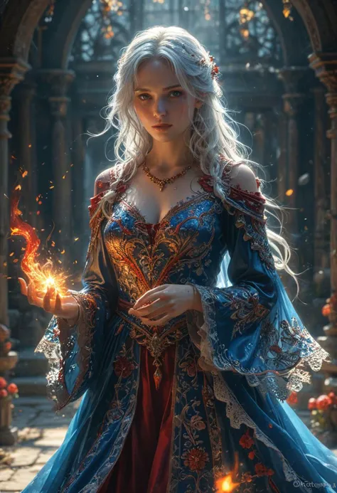 Photorealistic, masterpiece, fine-tuned details, highly detailed dynamic lighting, realism pushed to extreme, admist a shade of blue and red,ice and fire,a mage woman practising spellcasting , sunny afternoon, sheer and lace robe, very detailled background, variety of flower in background, glowing magical effects, epic scene, realism pushed to extreme,fine-tuned details, highly detailed dynamic lightin, deep shadow, glowing, raining,  amazing depth, intricately detailed, bokeh,  perfect balanced, deep fine borders