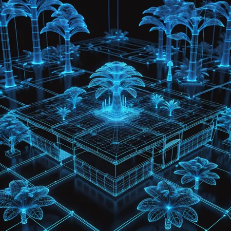 glowing blue on black 3d wireframe, diagram, scifi, Tropical Monsoon Forest<lora:EnvyBetterHiresFixXL01:0:hr=1><lora:EnvyScifiWireframeXL01:1>