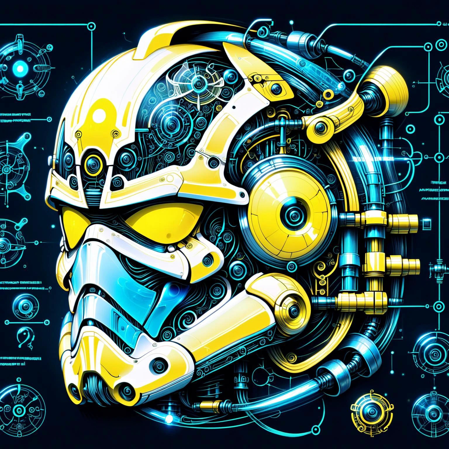 glowing yellow 3d wireframe of the helmet of a stormtrooper, floating transluscent swirls of energy <lora:EnvyScifiWireframeXL01:3> <lora:Elemental Wisps:1> DonMW15pXL, <lora:Da_Vinci-000008:1> Biomech, ink drawing, anatomical, Da_Vinci, vitruvian, science fiction, machine, mechanical parts, (masterpiece:1.2), best quality, (hyperdetailed, highest detailed:1.2), high resolution textures, <lora:EnvyBetterHiresFixXL01:1>