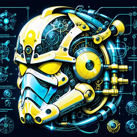 glowing yellow 3d wireframe of the helmet of a stormtrooper, floating transluscent swirls of energy <lora:EnvyScifiWireframeXL01:3>  <lora:Elemental Wisps:1> DonMW15pXL, <lora:Da_Vinci-000008:1> Biomech, ink drawing, anatomical, Da_Vinci, vitruvian, science fiction, machine, mechanical parts, (masterpiece:1.2), best quality, (hyperdetailed, highest detailed:1.2), high resolution textures, <lora:EnvyBetterHiresFixXL01:1>