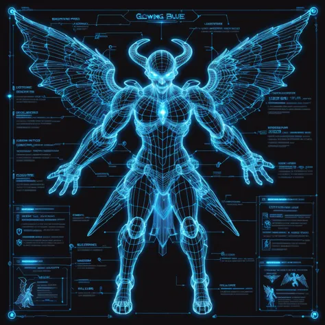 glowing blue on black 3d wireframe, diagram, fallen angel \(monster\)<lora:EnvyBetterHiresFixXL01:0:hr=1><lora:EnvyScifiWireframeXL01:3>