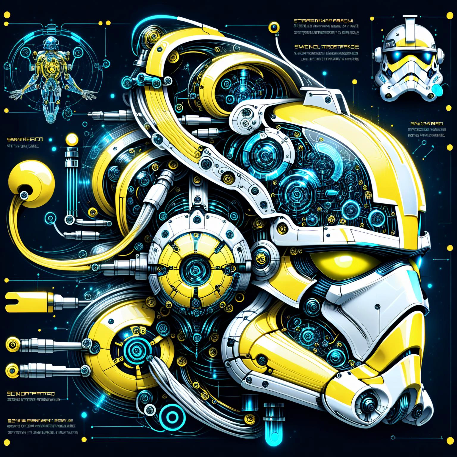 glowing yellow 3d wireframe of the helmet of a stormtrooper, floating transluscent swirls of energy <lora:EnvyScifiWireframeXL01:3> <lora:Elemental Wisps:1> DonMW15pXL, <lora:Da_Vinci-000008:1> Biomech, ink drawing, anatomical, Da_Vinci, vitruvian, science fiction, machine, mechanical parts, (masterpiece:1.2), best quality, (hyperdetailed, highest detailed:1.2), high resolution textures, <lora:EnvyBetterHiresFixXL01:1>