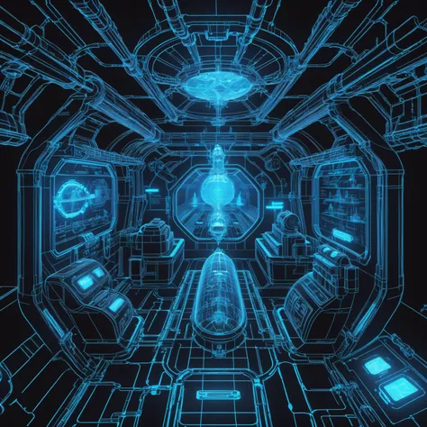 glowing blue on black 3d wireframe, diagram, cyberpunk, noon, scenery, Mad Scientist Echoing canyon by a interior of a submarine<lora:EnvyBetterHiresFixXL01:0:hr=1><lora:EnvyScifiWireframeXL01:1>