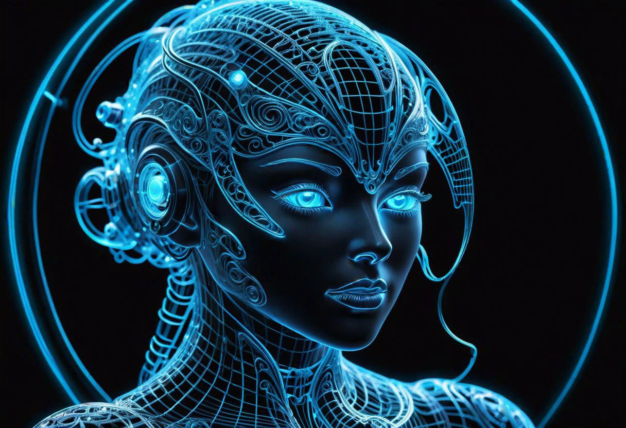 3D wireframe filigree of a pretty gynoid head,
neon, translucent, transparent, pitch black background, glowing blue on black