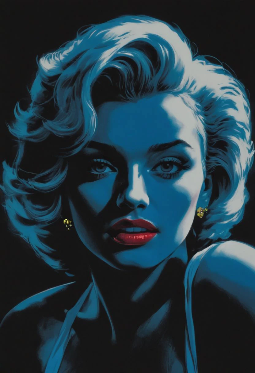 a 1980s pop art style portrait of Marylin Monroe, punk, pop art, stylized, bold colors, photo and illustration hybrid, glowing blue on black