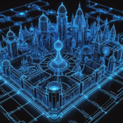 glowing blue on black 3d wireframe, diagram, fantasy, epic fantasy metropolis outside of time<lora:EnvyBetterHiresFixXL01:0:hr=1><lora:EnvyScifiWireframeXL01:1>