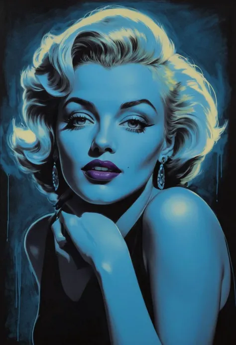 a 1980s pop art style portrait of Marylin Monroe, punk, pop art, stylized, bold colors, photo and illustration hybrid, glowing blue on black