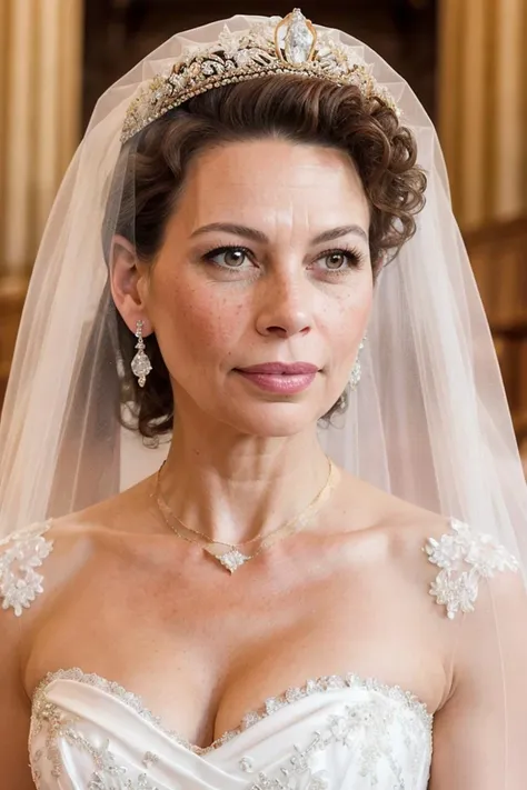 donna_langley, woman, young, bride, white wedding dress, big diamond tiara, veil, perfect brown hair, diamond embroidery, portrait, gold jewelry, diamond earrings, looking at viewer, beautiful face, perfect brown eyes, pouty pink lips, perfect skin, few freckles, best quality, indoors, cathedral, church, soft lighting, <lora:donna_langley_512p_nocap_16i_8r_16e_64d_32_a:0.5>