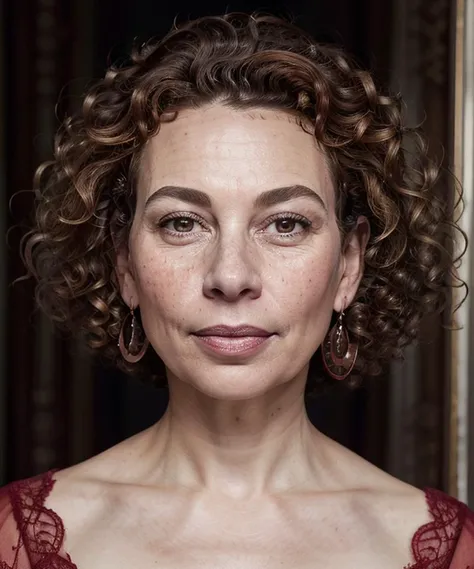 masterpiece, ultra detailed, donna_langley, queen, red dress, intricate dress, regal, portrait, close-up, woman, jewelry, earrings, (looking at viewer:1.3), beautiful face, (curly hair:1.3), (brown hair:1.2), (perfect brown eyes:1.2), pouty pink lips, perfect textured skin, freckles, high resolution, best quality, indoors, castle, ornate, soft lighting, shadows, ambient occlusion <lora:donna_langley:0.4>