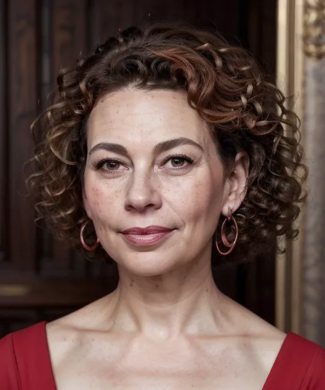 masterpiece, ultra detailed, donna_langley, queen, red dress, intricate dress, regal, portrait, close-up, woman, jewelry, earrings, (looking at viewer:1.3), beautiful face, (curly hair:1.3), (brown hair:1.2), (perfect brown eyes:1.2), pouty pink lips, perfect textured skin, freckles, high resolution, best quality, indoors, castle, ornate, soft lighting, shadows, ambient occlusion <lora:donna_langley:0.4>