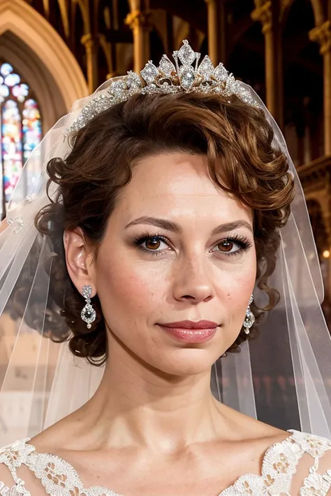 donna_langley, woman, young, bride, white wedding dress, big diamond tiara, veil, perfect brown hair, diamond embroidery, portrait, gold jewelry, diamond earrings, looking at viewer, beautiful face, perfect brown eyes, pouty pink lips, perfect skin, few freckles, best quality, indoors, cathedral, church, soft lighting, <lora:donna_langley_512p_nocap_16i_8r_16e_64d_32_a:0.5>