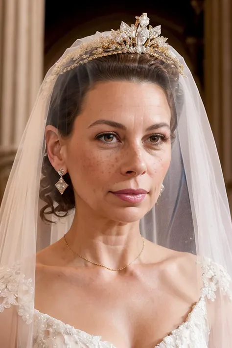 donna_langley, woman, young, bride, white wedding dress, big diamond tiara, veil, perfect brown hair, diamond embroidery, portrait, gold jewelry, diamond earrings, looking at viewer, beautiful face, perfect brown eyes, pouty pink lips, perfect skin, few freckles, best quality, indoors, cathedral, church, soft lighting, <lora:donna_langley_512p_nocap_16i_8r_16e_64d_32_a:0.5>