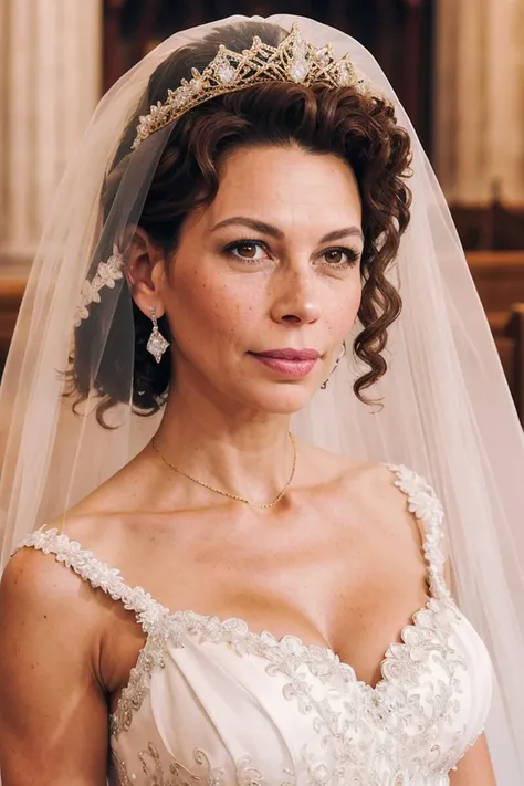donna_langley, woman, young, bride, white wedding dress, big diamond tiara, veil, perfect brown hair, diamond embroidery, portrait, gold jewelry, diamond earrings, looking at viewer, beautiful face, perfect brown eyes, pouty pink lips, perfect skin, few freckles, best quality, indoors, cathedral, church, soft lighting, <lora:donna_langley_512p_nocap_16i_8r_16e_64d_32_a:0.5>