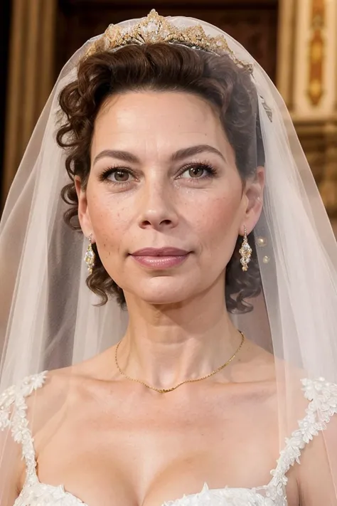 donna_langley, woman, young, bride, white wedding dress, big diamond tiara, veil, perfect brown hair, diamond embroidery, portrait, gold jewelry, diamond earrings, looking at viewer, beautiful face, perfect brown eyes, pouty pink lips, perfect skin, few freckles, best quality, indoors, cathedral, church, soft lighting, <lora:donna_langley_512p_nocap_16i_8r_16e_64d_32_a:0.5>
