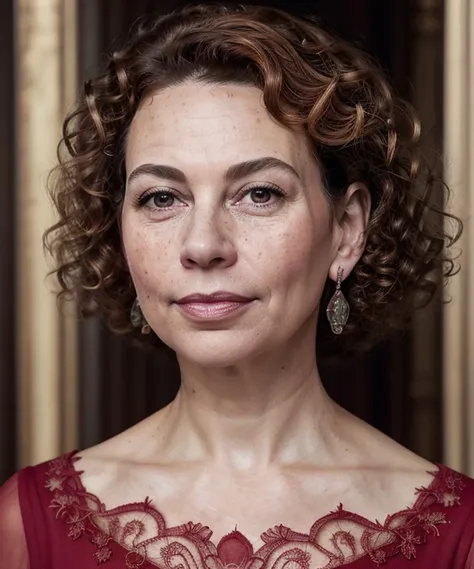 masterpiece, ultra detailed, donna_langley, queen, red dress, intricate dress, regal, portrait, close-up, woman, jewelry, earrings, (looking at viewer:1.3), beautiful face, (curly hair:1.3), (brown hair:1.2), (perfect brown eyes:1.2), pouty pink lips, perfect textured skin, freckles, high resolution, best quality, indoors, castle, ornate, soft lighting, shadows, ambient occlusion <lora:donna_langley:0.4>